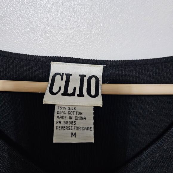 CLIO Silk Cardigan Sweater Black Vintage Red Flowers Button-Up Women's Size Med - Picture 3 of 4